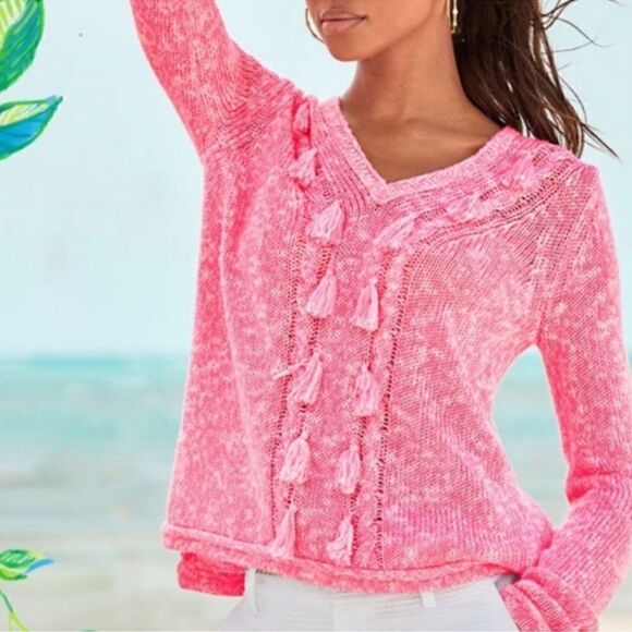Lilly Pulitzer Neon Pink Kovette V Neck Tassel Sweater XS - Picture 2 of 7